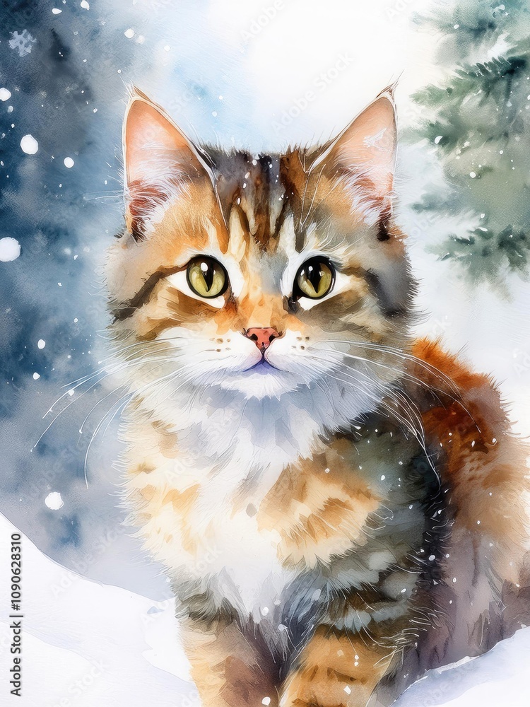 Winter watercolor of a cute cat surrounded by snowflakes. Winter watercolor of a cute cat surrounded by snowflakes.