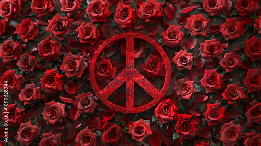 Fototapeta premium A red rose bush with a peace sign in the middle. The roses are arranged in a way that they surround the peace sign, creating a beautiful and peaceful scene