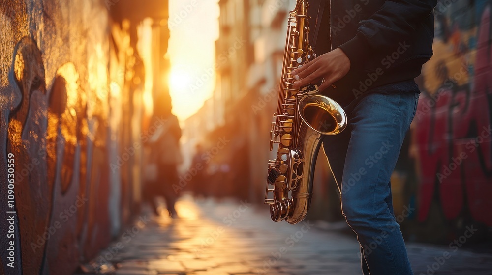 Obraz premium Urban Alley Musician in Soft Natural Light
