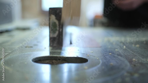 carpenter cutting wooden frame in half with circular saw, frontal view, slow motion photo