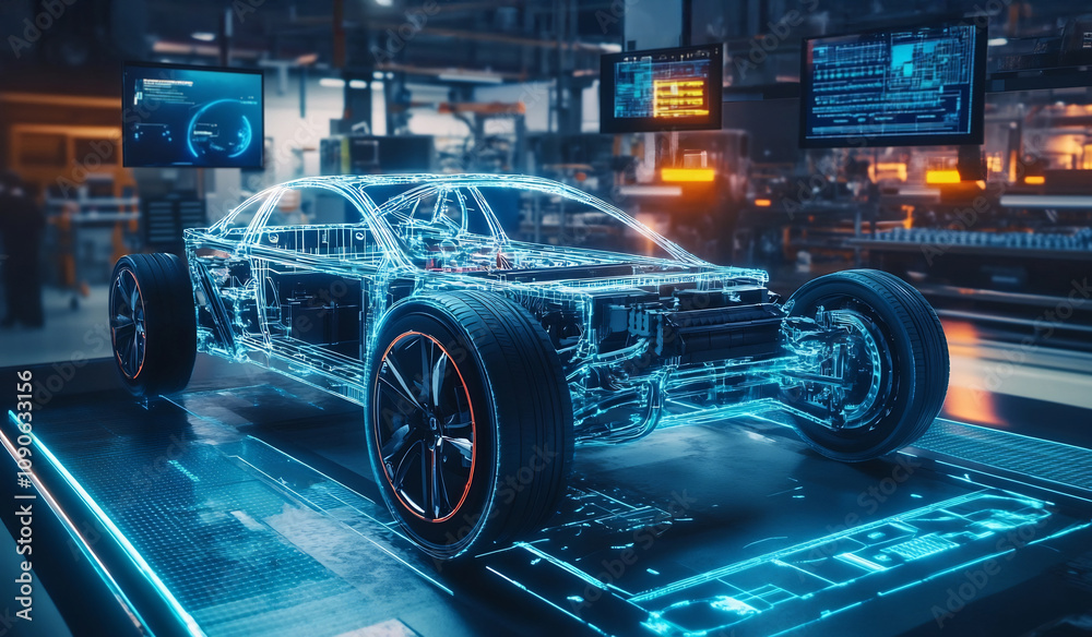 Fototapeta premium Futuristic Electric Car Frame Display in Advanced Automotive Factory Workshop