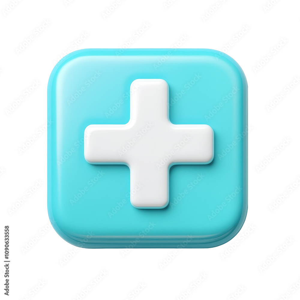 Fototapeta premium Stylized First Aid Cross Icon with Rounded Edges in Turquoise Blue and White Colors