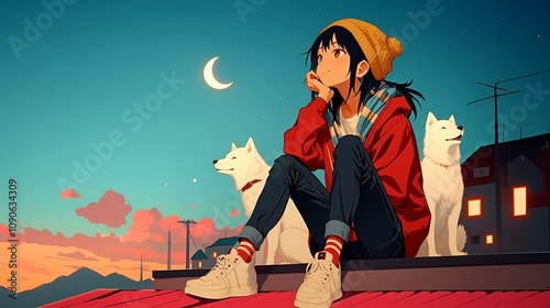 lofi girl wearing winter and a beanie hat, sits on the rooftop with two white husky dogs photo