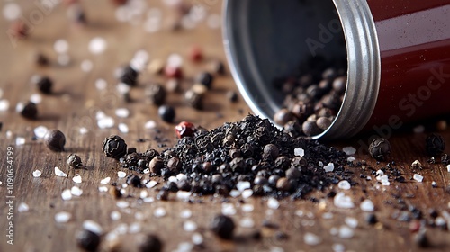 Assorted variety of peppercorns spices and aromatic herbs on a rustic wooden table  Culinary seasoning ingredients for gourmet cooking healthy recipes and flavorful meals