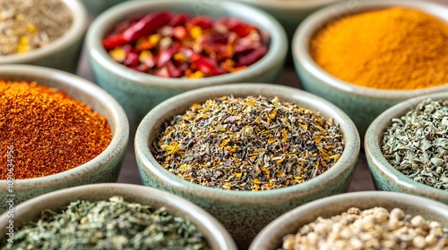 A colorful display of various spice jars filled with an assortment of aromatic spices herbs and seasonings arranged neatly on a table or surface