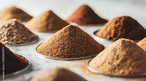 Closeup of various aromatic spice powders and seasonings arranged in textured heaps on a natural background