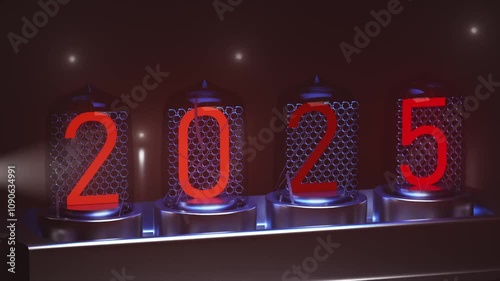 2025 Steampunk nixie tube clock. Nixie light bulbs, tubes with digits 2025. Vintage style Christmas illustration on a dark background. 3D illustration. 3d render