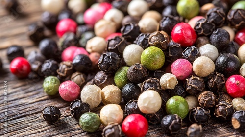 Close up of an assortment of colorful peppercorns whole spices and other seasonings arranged on a rustic wooden table  The spices feature a variety of hues and textures