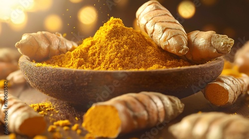 Close up shot of fresh turmeric and ginger roots in a rustic earthenware bowl on a wooden table