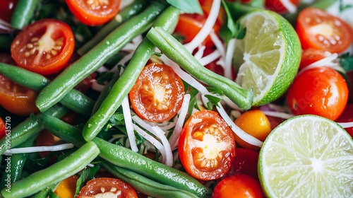 Freshly Harvested Vegetables and Herbs for a Healthy and Delicious Salad  Colorful mix of tomatoes green beans lemon slices and other seasonal produce on a rustic wooden table