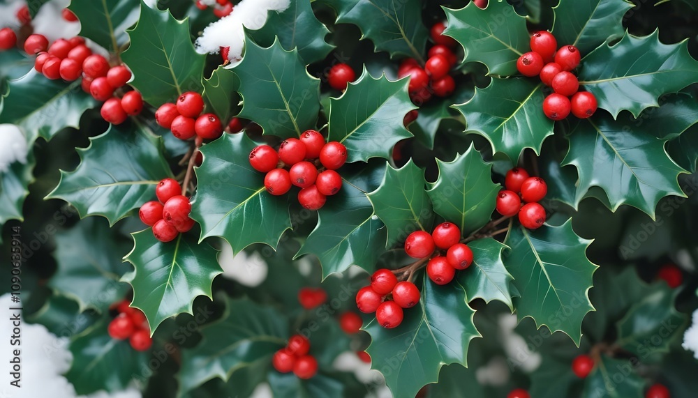 Fototapeta premium Christmas background with holly leaves berry on snow background
