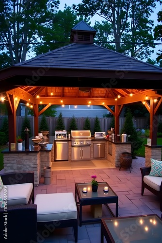 Outdoor Gazebo Kitchen Patio Design Evening Ambiance with Grill. Generative AI