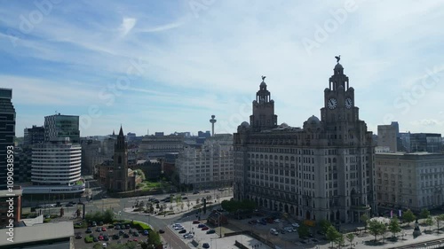 Aerial Footage of Historical and Modern British City Centre of Liverpool, Maritime city in northwest England, United Kingdom. Aerial Footage Was Captured with Drone's Camera on May 5th, 2024