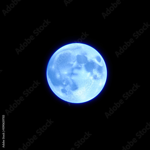 Blue super moon glowing with blue halo isolated on black background