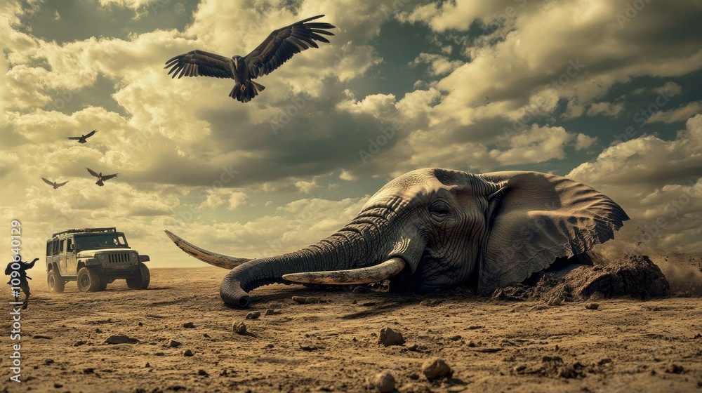 Fototapeta premium The tragic sight of an elephant lying lifeless on the dry savanna shot by hunters background AI generated image