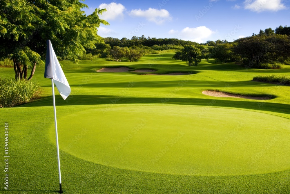 Obraz premium A golf green with a flag and bunkers in the background.
