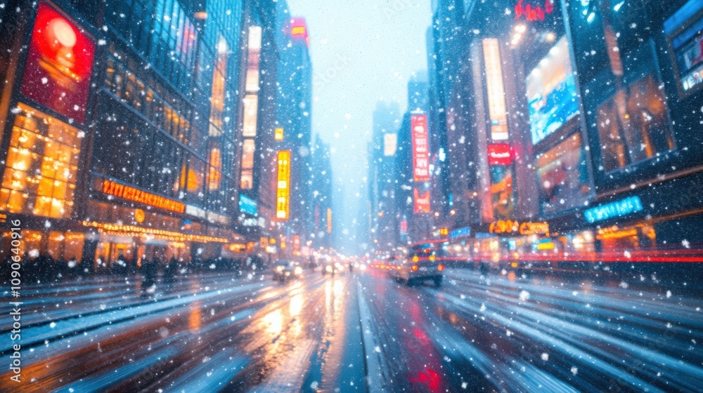 Fototapeta premium Snowy Night in Times Square: A Vibrant Urban Landscape