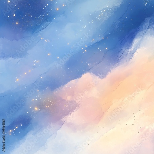 Dreamy pastel sky background blending soft blue, pink, and golden hues with scattered stars and gentle clouds, creating a tranquil celestial scene.