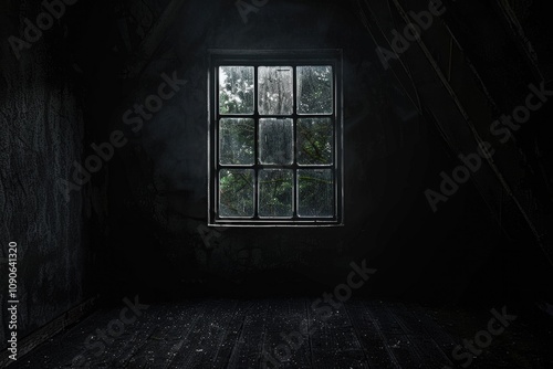 Dark Window. Abstract Horror Scene with Gloomy House, Ghostly Light, and Scary Shadows photo