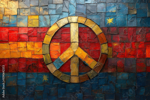 A colorful mosaic of different national flags arranged in the shape of a peace sign, symbolizing global unity and cooperation