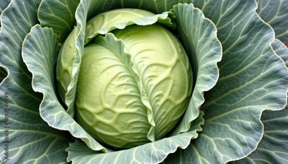 Obraz premium Fresh green cabbage, natural, close up on leafy vegetable