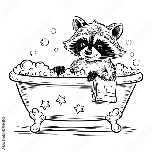 Raccoon Relaxing in a Bathtub Cartoon Sketch Illustration