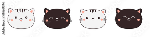 Black white cat face head contour silhouette icon set line. Cute face head. Funny kawaii smiling sad doodle animal. Cartoon character. Childish style. Pet collection Baby background Flat design Vector