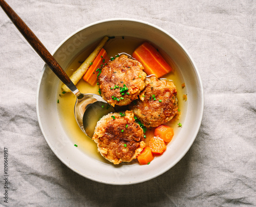 Kaspressknödel in einer Gemüsesuppe. Draufsicht, beiges Leinen Tischtuch, österreichisches Essen, Alpenküche.