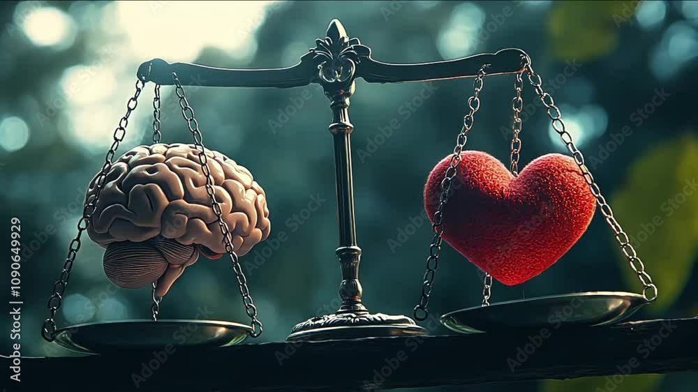 Work emotional intelligence. A visual metaphor depicting the balance between intellect and emotion, represented by a brain and a heart