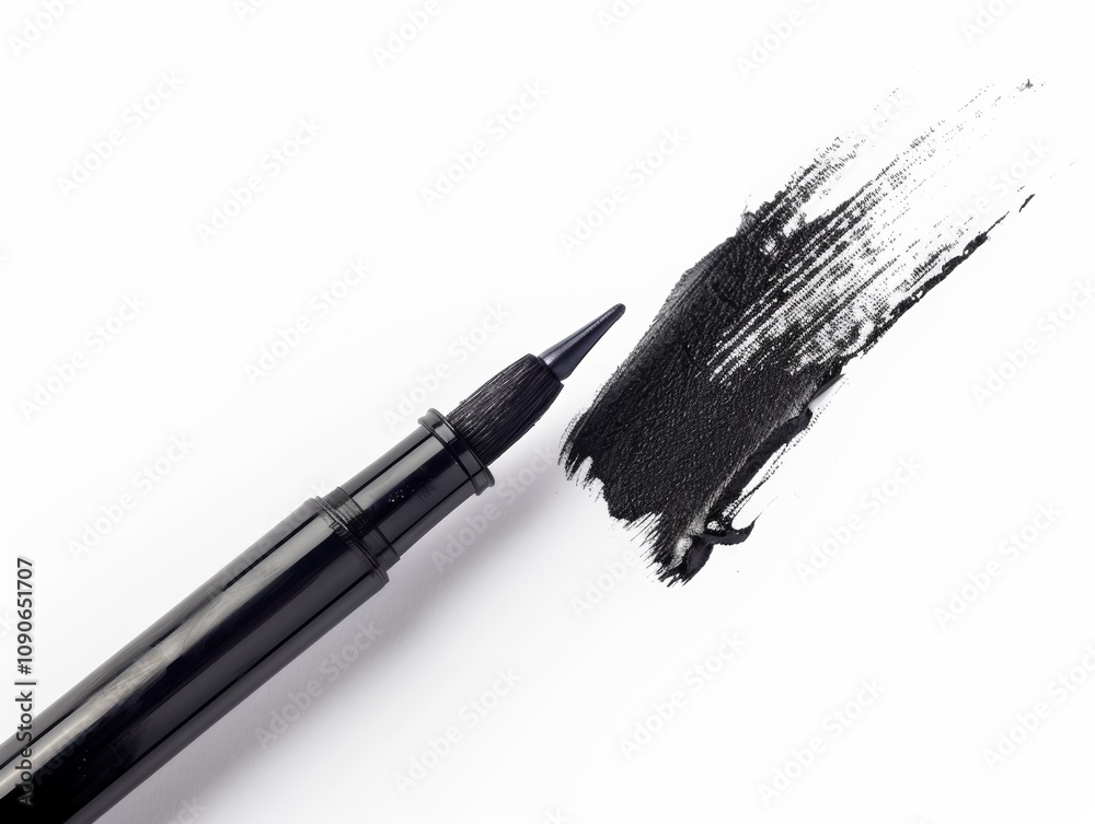 Fototapeta premium A close-up of a black marker with a nib, leaving a bold stroke on a white surface.