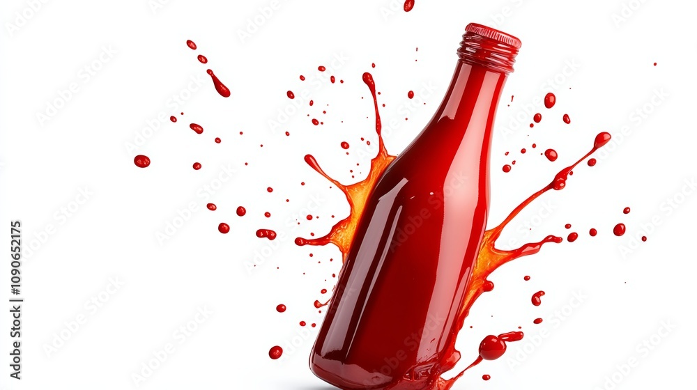 Fototapeta premium Bottle of red ketchup is splattered with red paint. The splatter is in the shape of a bottle, and the bottle is upside down. The splatter is very messy and chaotic, giving the impression of a wild