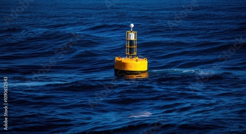 Lone yellow buoy floating on deep blue ocean waves