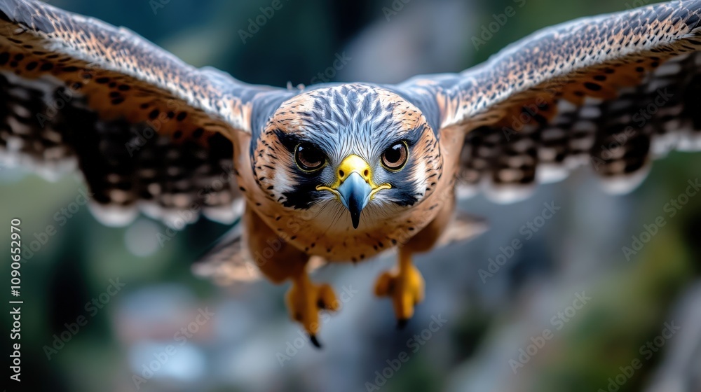 Obraz premium A stunning close-up of a hawk in flight, showcasing its powerful wings and piercing gaze, symbolizing freedom and grace in nature's beautiful landscape of the sky.