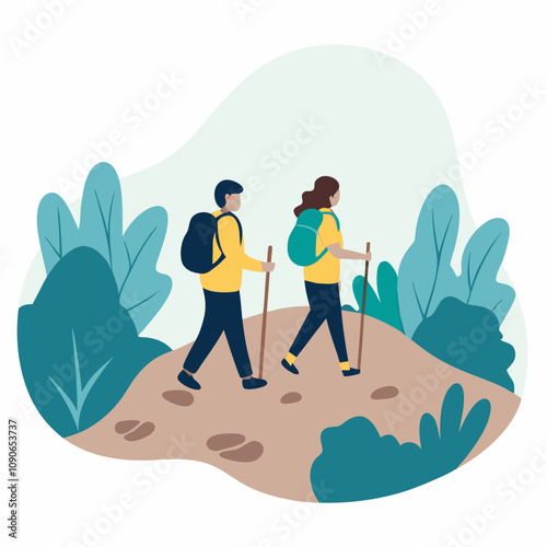 Hikers walking on trail through lush green forest during outdoor adventure