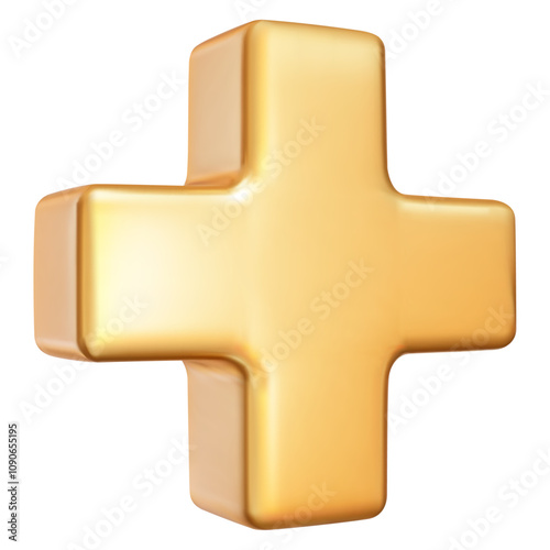 3d golden plus sign. Medical icon apteka. Vector illustration on isolated background.