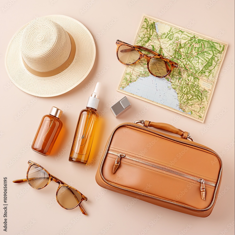 Cruise luggage trip concept. A stylish travel flat lay featuring sunglasses, hair products, a hat, a map, and a chic bag, perfect for summer adventures.