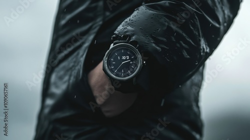 A close-up of a waterproof watch on a person's wrist, set against a rain-drenched backdrop.