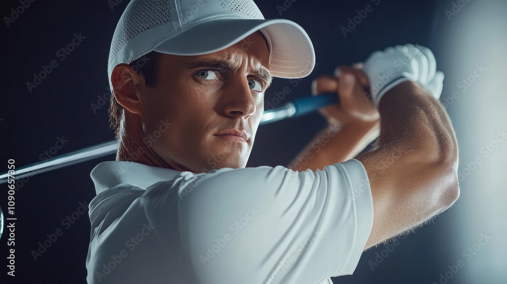 Naklejka premium A man is holding a golf club and wearing a white hat