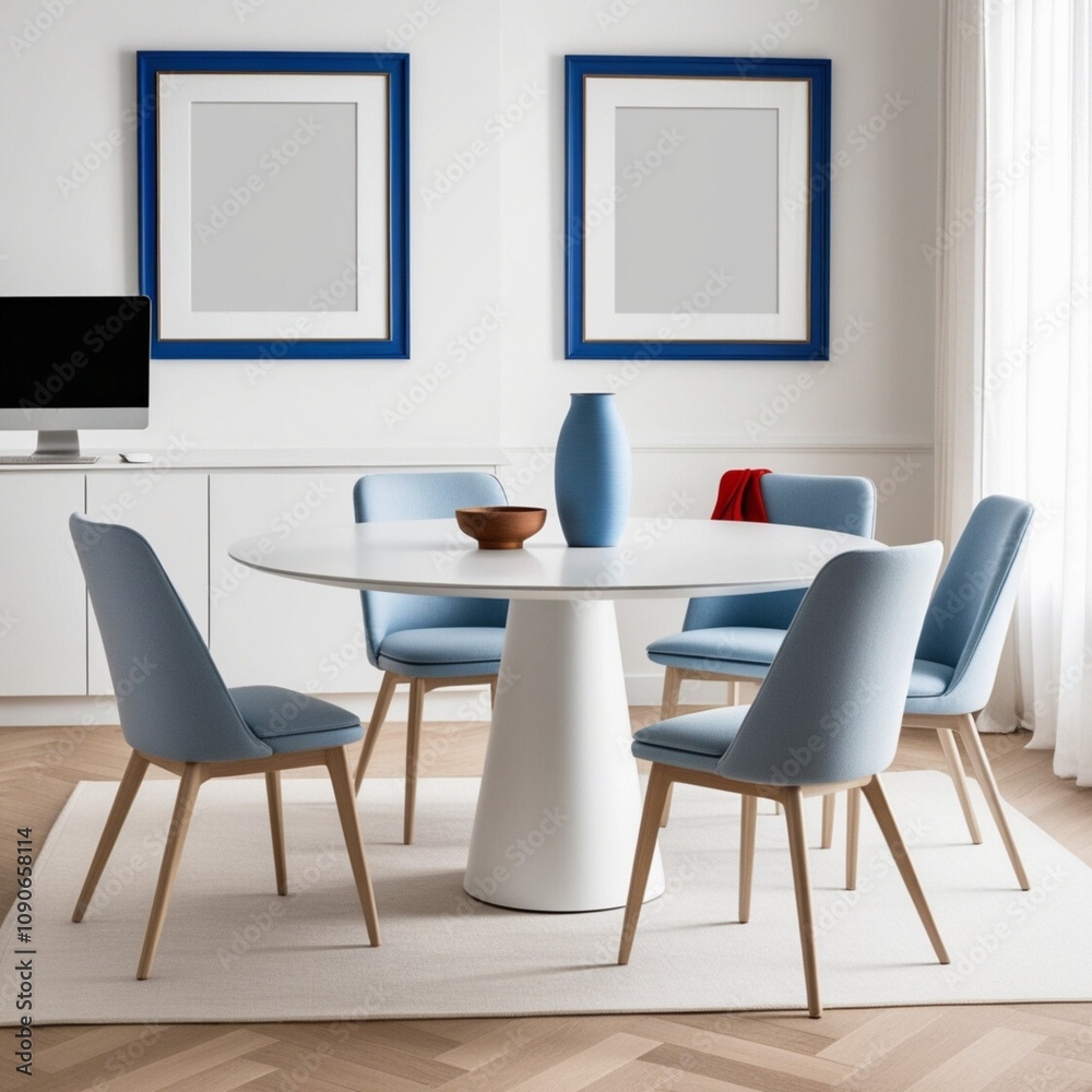 Fototapeta premium Modern Minimalist Dining Room with Elegant Decor and Blank Frames | sky blue
