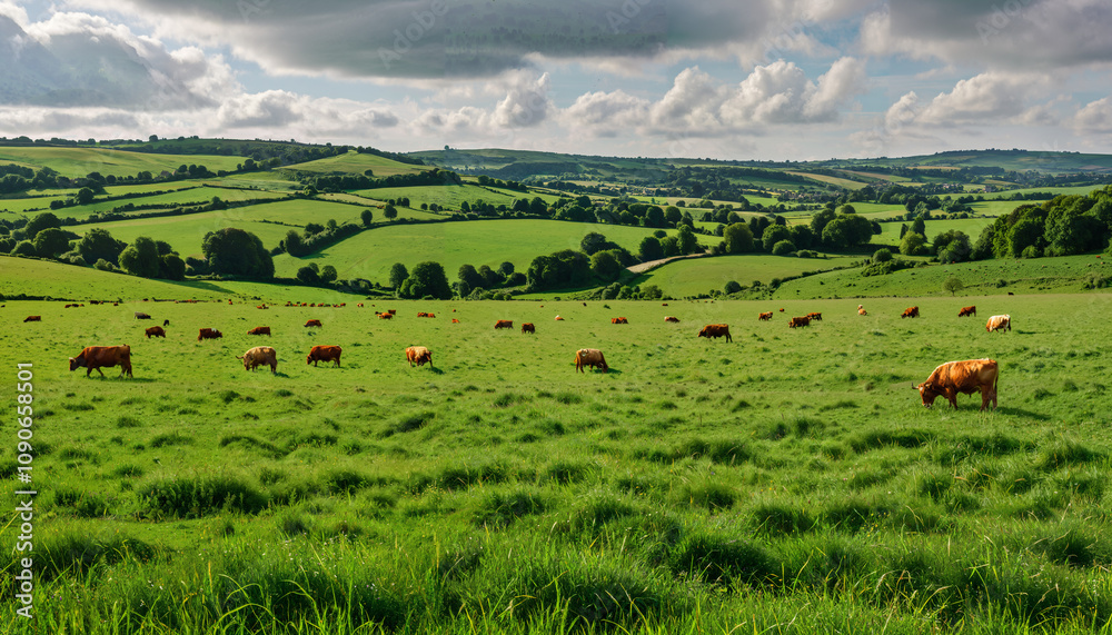 Fototapeta premium Paysage bucolique avec des vaches au pâturage