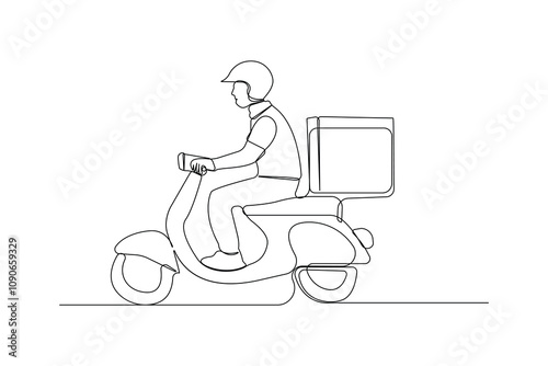 Continuous line art drawing of delivery man riding a scooter. Delivery man continuous outline vector.	