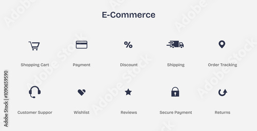 E-Commerce icons set featuring shopping cart, payment, and shipping symbols. Icons set