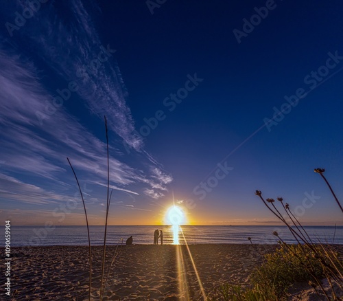 Golden sunrise over the sea with silhouettes of people and wildflowers, evoking a serene atmosphere