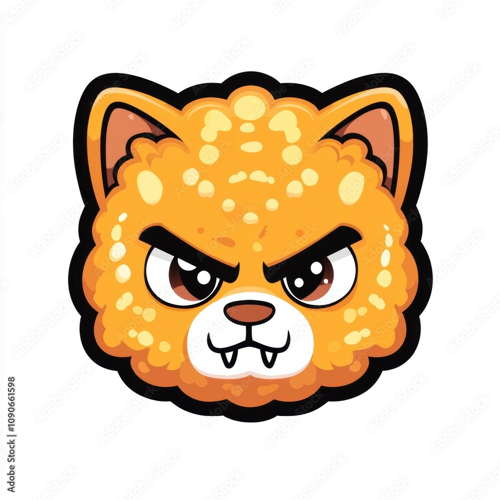 Obraz premium Cartoonish orange selkirk rex cat head with an angry expression and sharp teeth.