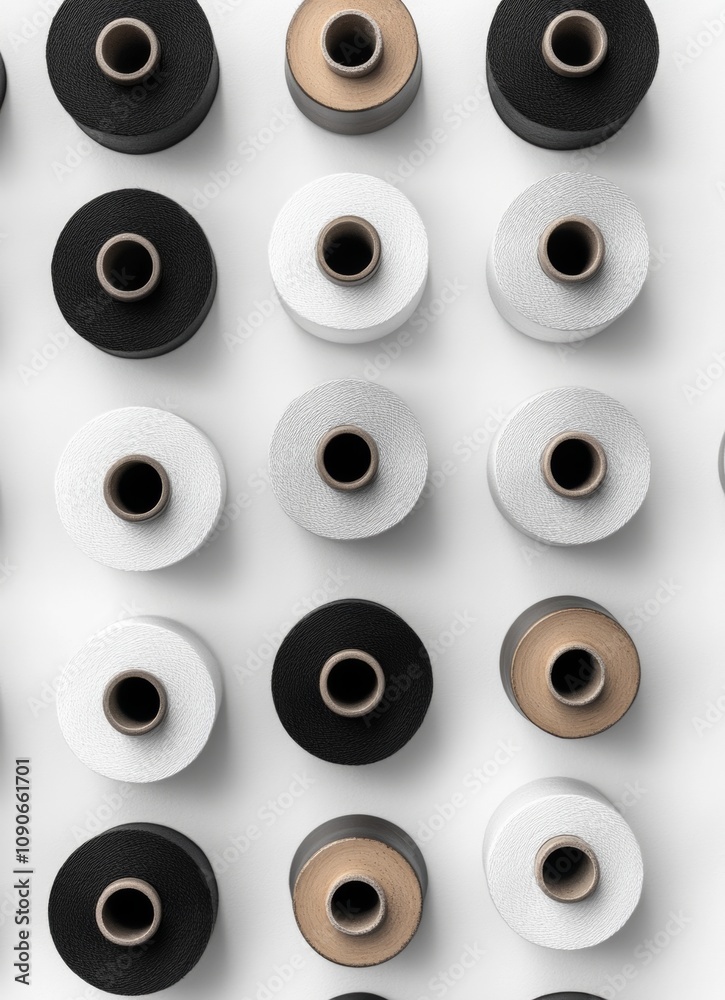 Fototapeta premium Collection of yarns, some black and some white, are arranged in a pattern. The white yarn is in the middle of the row