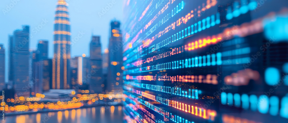 Obraz premium Digital transformation trends urban cityscape infographic nighttime aesthetic technology insights