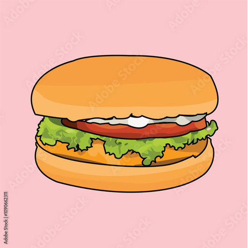 Illustration of a burger with tomato lettuce chicken and sauces vector