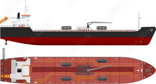 Bunkering Tanker Vessel. Side and top profile of a fuel tanker ship typically used for bunkering larger vessels. Isolated vector illustration.