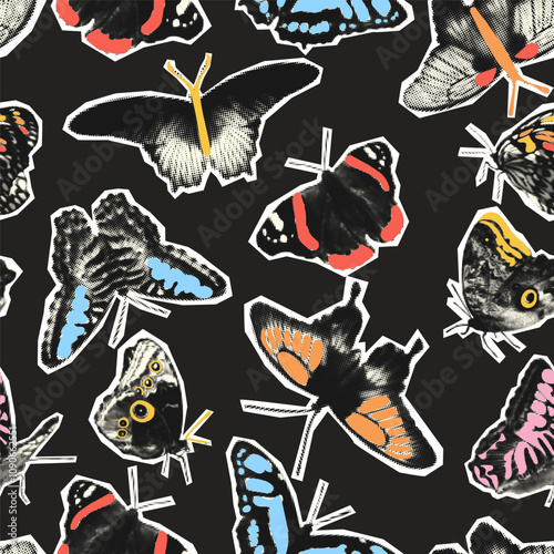 Collage butterflies with doodles seamless pattern vector illustration isolated on dark background. Paper cutouts, mixed media print design photo