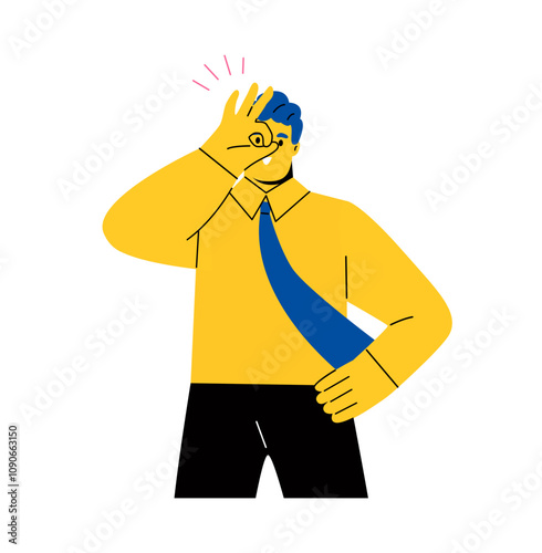 Business man smiling doing ok sign with hand on eye looking through fingers. Flat vector illustration isolated on white background